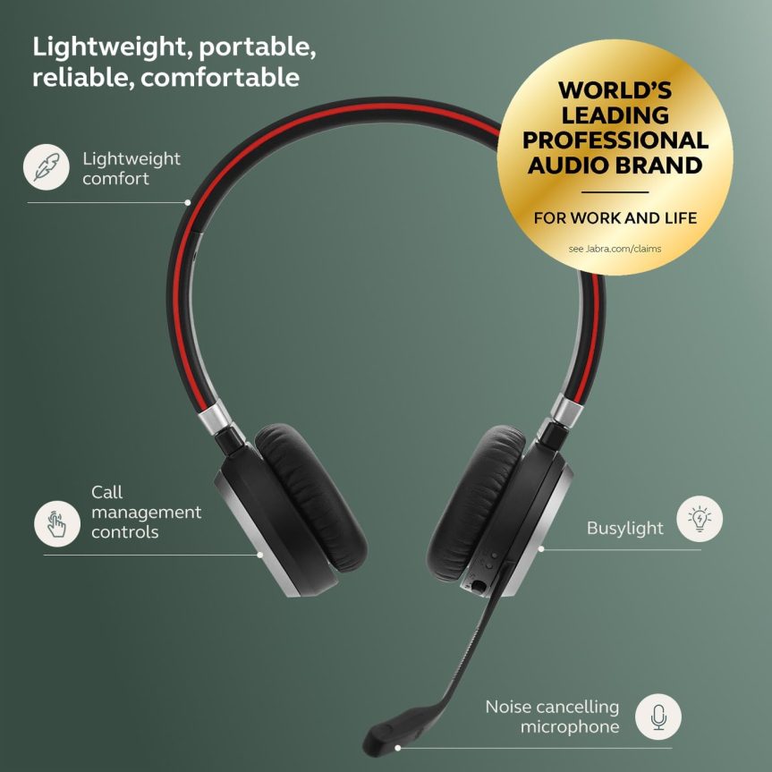 Jabra Evolve 65 SE Link380a MS Stereo- Bluetooth Headset with Noise-Cancelling Microphone, Long-Lasting Battery and Dual Connectivity - Works with All Other Platforms - Black - Image 3