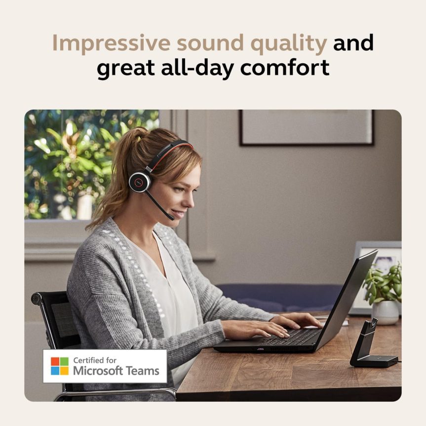 Jabra Evolve 65 SE Link380a MS Stereo- Bluetooth Headset with Noise-Cancelling Microphone, Long-Lasting Battery and Dual Connectivity - Works with All Other Platforms - Black - Image 4