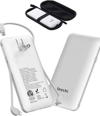 Portable Power Bank, Ultra Slim 10000mAh Portable Charger, USB C External Battery Pack with Built-in AC Plug, Charging Cable, Output Port, Compatible with All Kinds of Cellphones …
