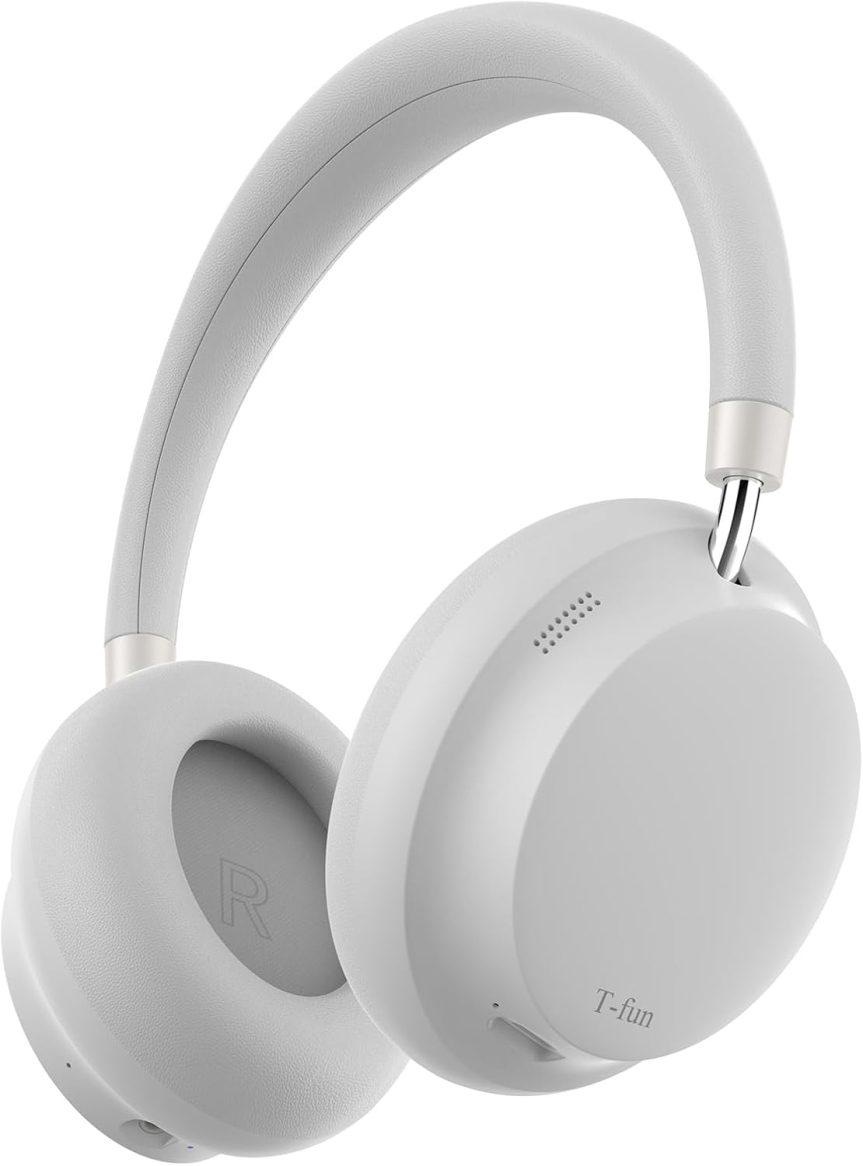 T-fun NC45 Active Noise Cancelling Headphones, Comfortable Wireless Over Ear Headset with Mic, 55H Playtime, Hi-Res Audio, Deep Bass, Low Latency, Bluetooth 5.3 ANC Headphones for Travel Home