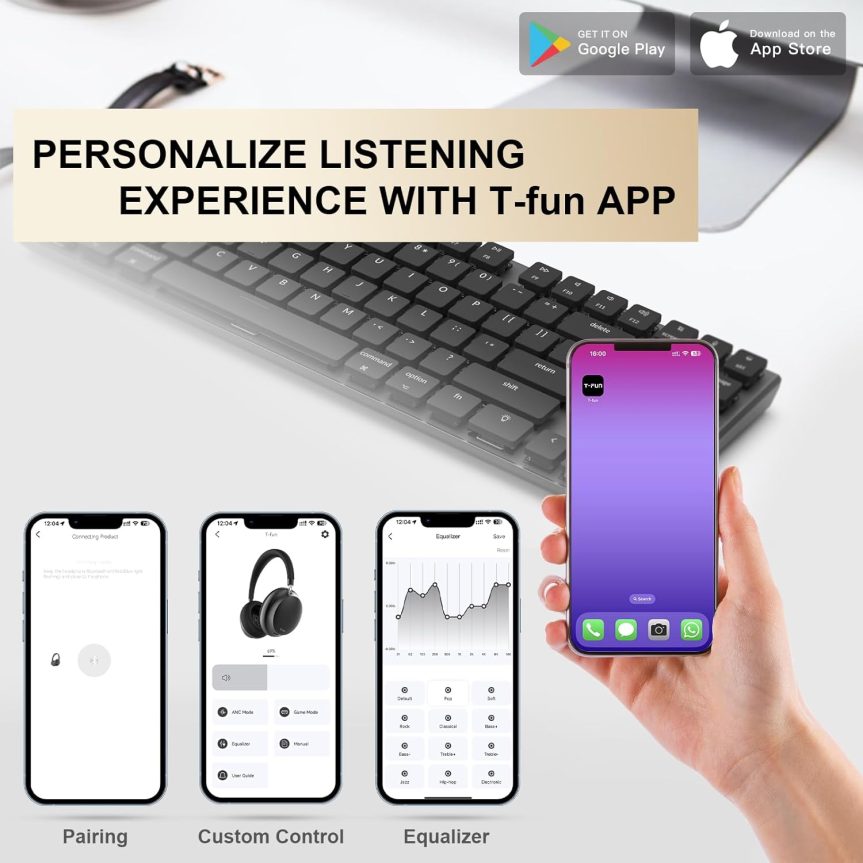 T-fun NC45 Active Noise Cancelling Headphones, Comfortable Wireless Over Ear Headset with Mic, 55H Playtime, Hi-Res Audio, Deep Bass, Low Latency, Bluetooth 5.3 ANC Headphones for Travel Home - Image 5