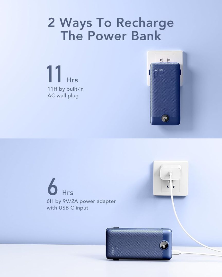 VRURC Portable Charger 20000mAh, Fast Charging Power Bank USB C,4 Output 2 Input Travel Essentials Charging Bank Equipped with LED Display,Built-in Wall Plug and Cables,Phone Charger Battery,Navy - Image 4