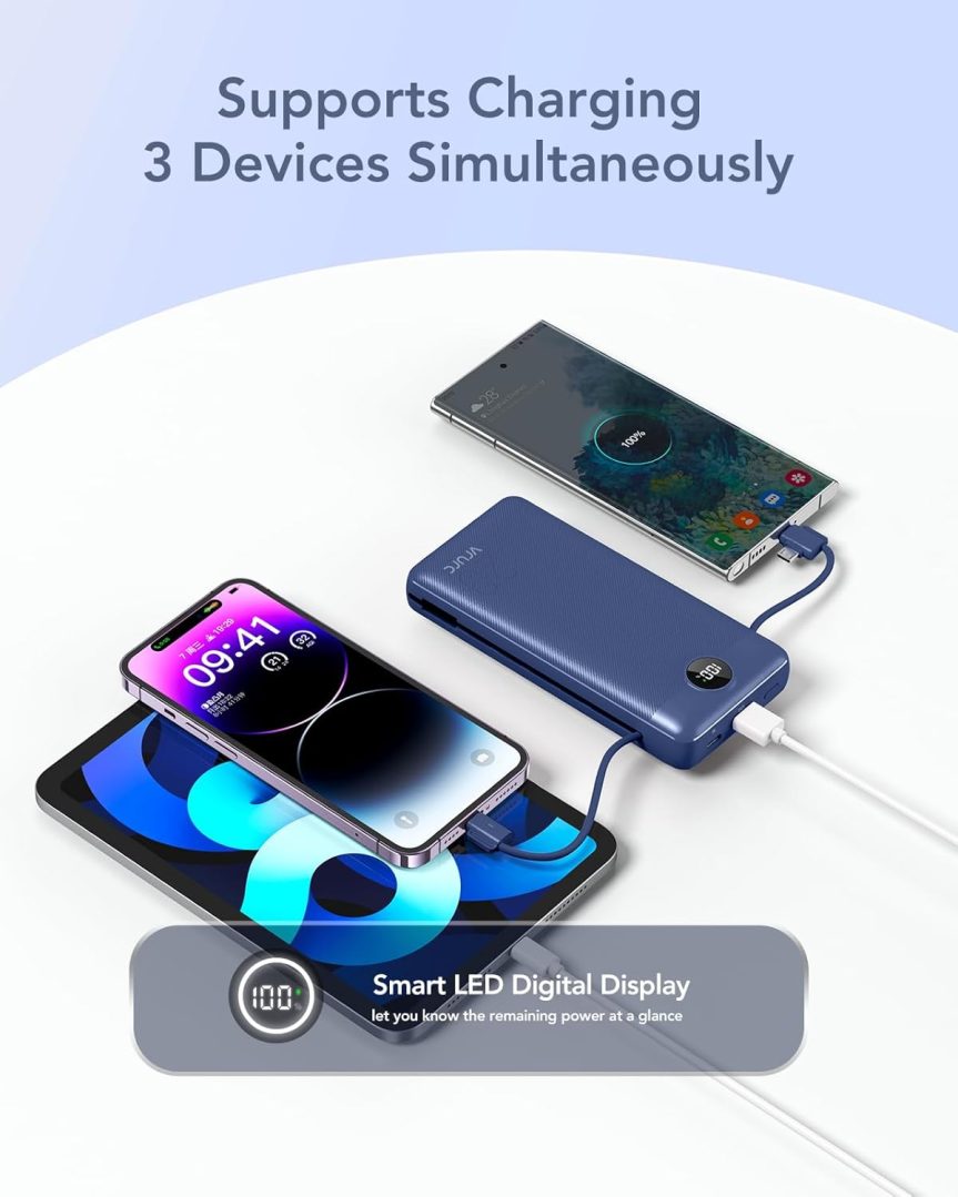 VRURC Portable Charger 20000mAh, Fast Charging Power Bank USB C,4 Output 2 Input Travel Essentials Charging Bank Equipped with LED Display,Built-in Wall Plug and Cables,Phone Charger Battery,Navy - Image 7
