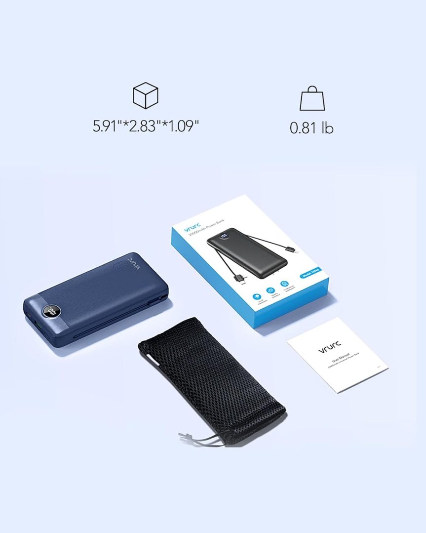 VRURC Portable Charger 20000mAh, Fast Charging Power Bank USB C,4 Output 2 Input Travel Essentials Charging Bank Equipped with LED Display,Built-in Wall Plug and Cables,Phone Charger Battery,Navy - Image 8