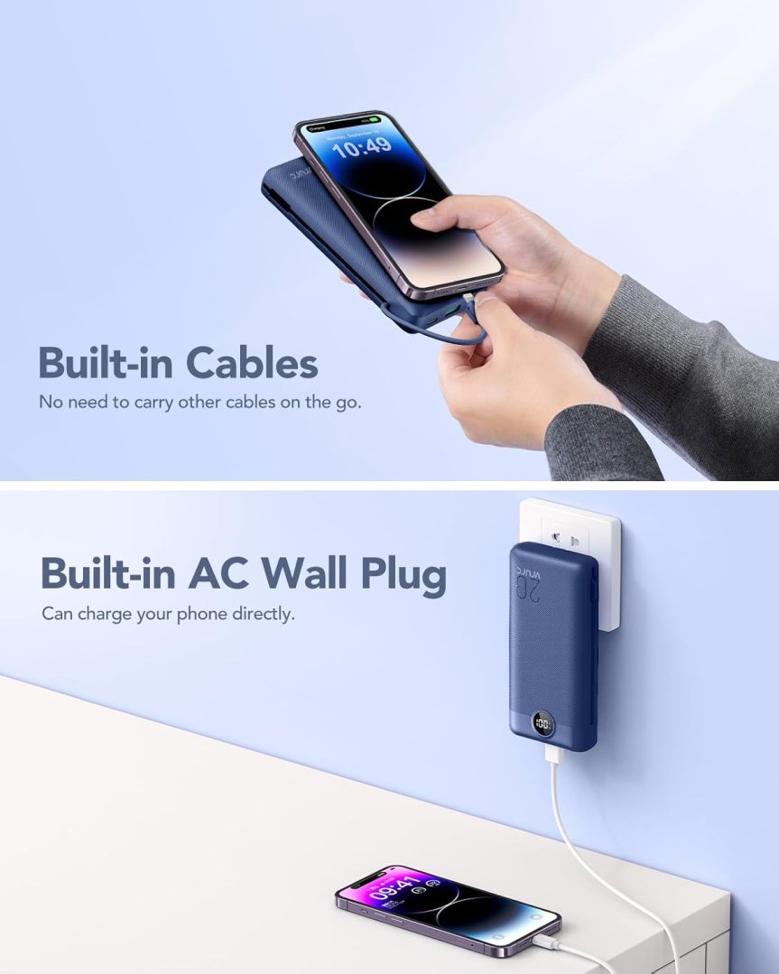 VRURC Portable Charger 20000mAh, Fast Charging Power Bank USB C,4 Output 2 Input Travel Essentials Charging Bank Equipped with LED Display,Built-in Wall Plug and Cables,Phone Charger Battery,Navy - Image 9